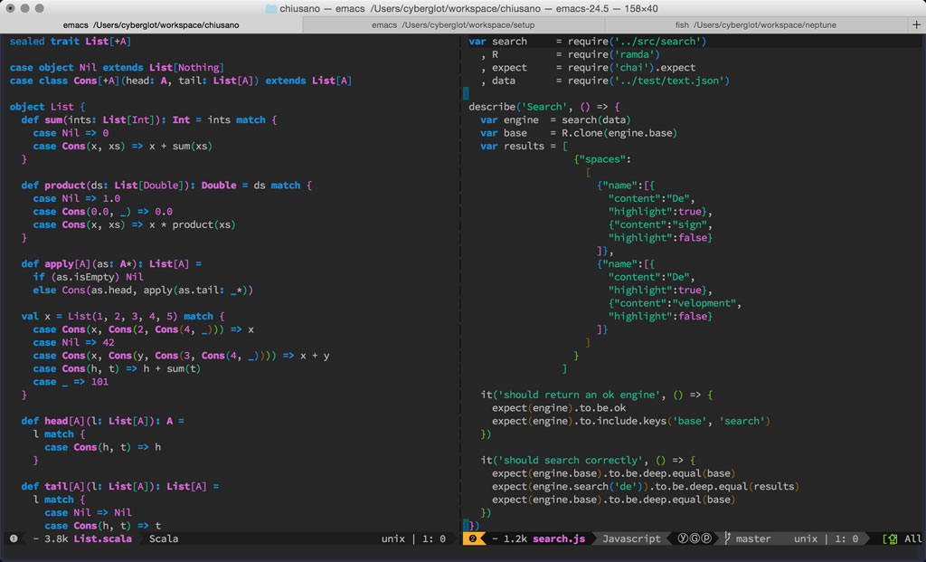 Terminal.app rodando emacs, fish e npm scripts